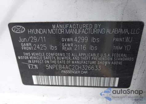 2012 Hyundai Sonata Gls z USA, uszkodzony, nr VIN 5NPEB4AC2CH326633